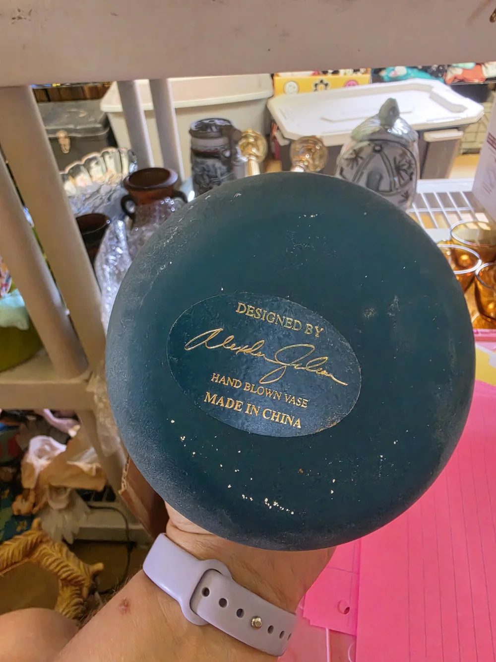 AT-1 Vintage Alexander Julian Handblown Frosted Textured Teal Vase